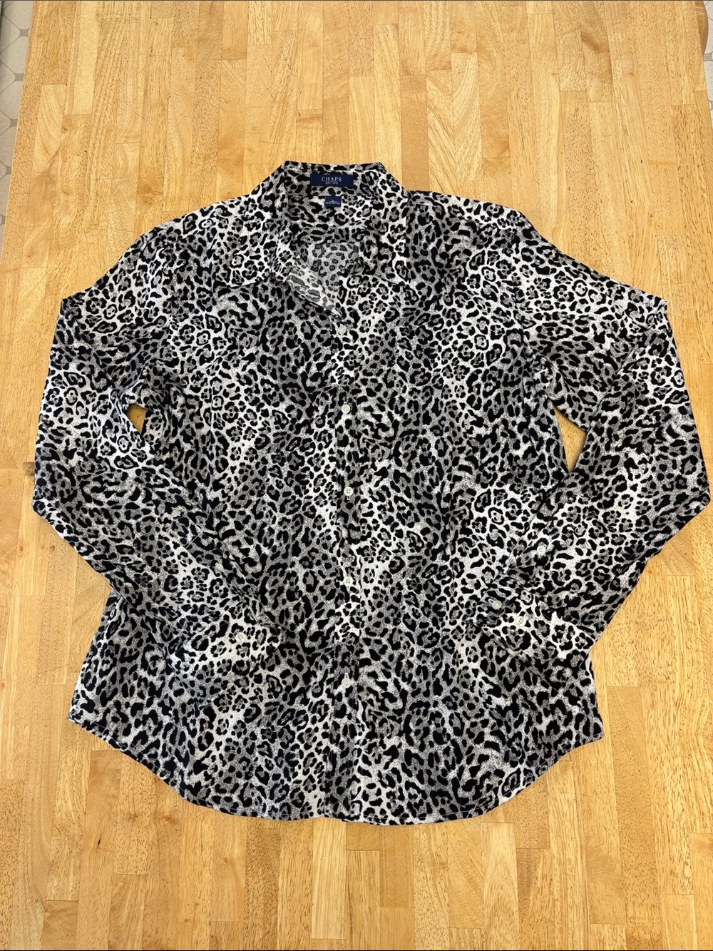 Chaps Grey & Black Leopard Print 100% Cotton Button Down Shirt Size L